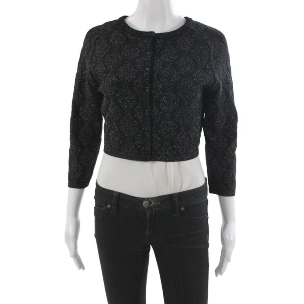 Alaia Womens Cardigan Black Geometric Round Neck 3/4 Sleeve Size 40
